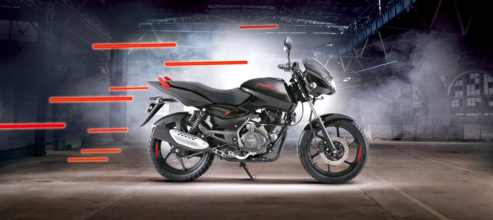 Bajaj Pulsar 150cc Neon Motorcycle Design 3 Black and Red Bajaj Pulsar 150cc Neon Motorcycle in a warehouse