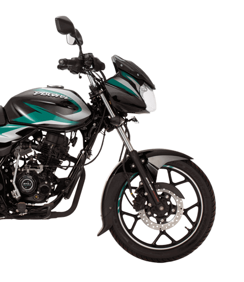 Black and green color bajaj discover 110cc disk new model motorcycle with dtsi engine side view